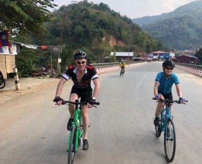Phil and Ruth Dunnell Cycling on the  tour with redspokes